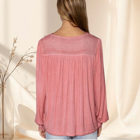 POL Pink Floral Appliqué Embroidered Top | Woven Long Sleeve with Scalloped Trim - Picture 5 of 8